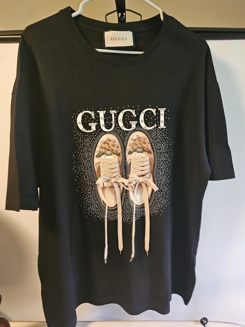 Gucci Black Tee with Beige Sneaker Graphic